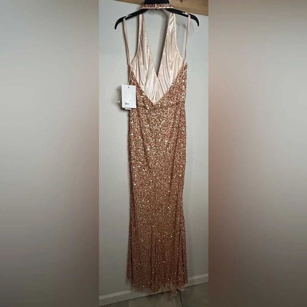 Mac Duggal Rose Gold Sequin Halter Evening Gown - Picture 5 of 9